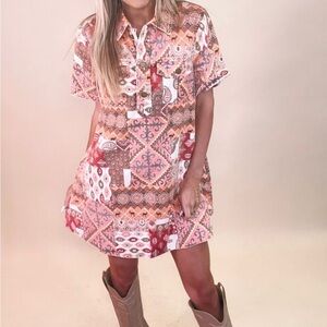 Fate Print half button placket detail dress in size medium